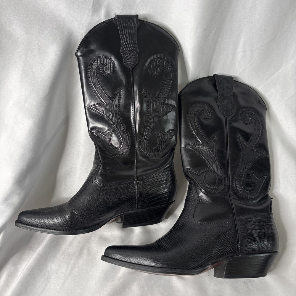 Vtg Nine West R-Nolan 7.5 Western Boots Black Teju Lizard Leather Cowgirl Read